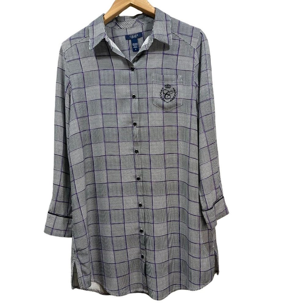 CHAPS Women's Monogrammed Plaid Sleep Shirt Pajama Top Black Purple Size S